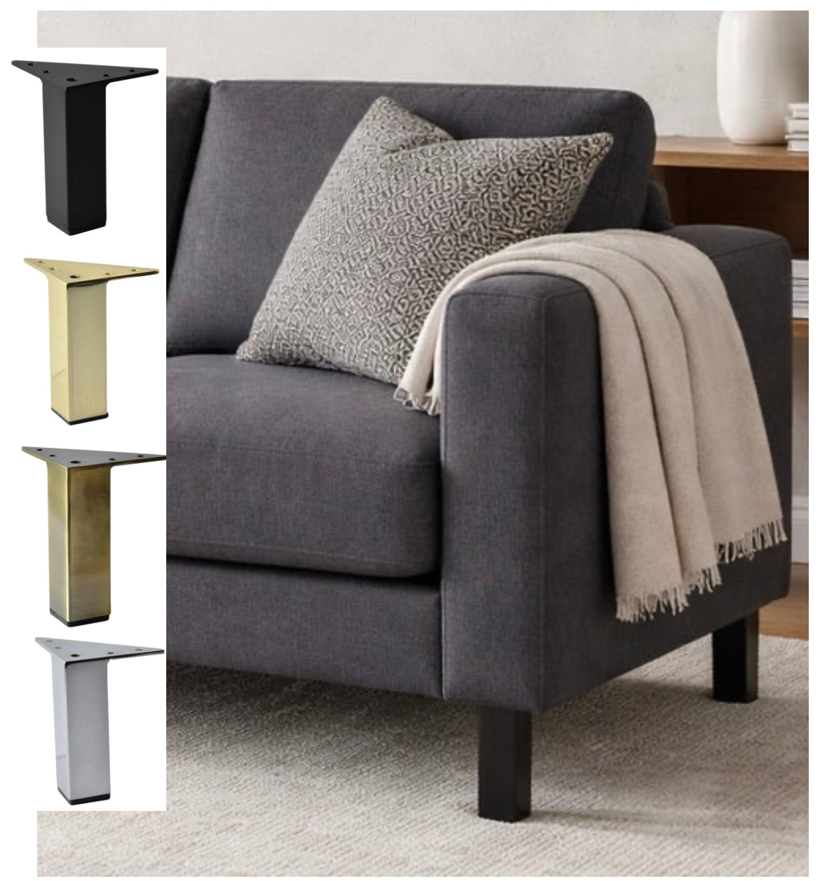 5" Flat Black Square Metal Furniture Leg for Sofa, Couch, Cabinet and Ottoman – Heavy Duty Modern Replacement Leg (Model 902-5B)